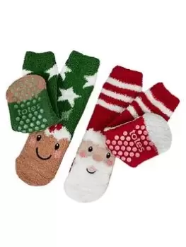 TOTES Kids 2 Pack Super Soft Slipper- Sox Xmas - Multi, Size 4-6 Years