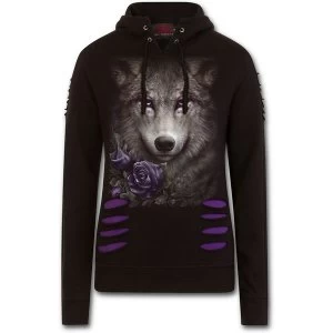 Wolf Roses Large Hood Ripped Womens Small Hoodie - Black
