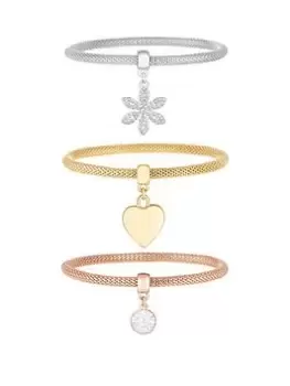 Mood Tri Tone Crystal And Pearl Flower Charm Mesh Bracelet - Pack Of 3