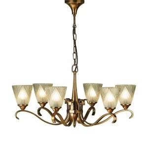 6 Light Multi Arm Ceiling Pendant Chandelier Antique Brass, Glass, E14