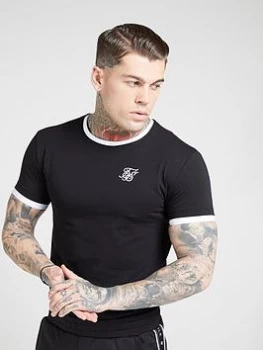 SikSilk Inset Straight Hem Ringer Gym T-Shirt - Black/White, Size S, Men