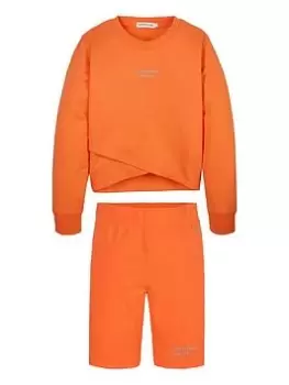 Calvin Klein Jeans Girls Stack Logo Overlap Short Set - Vibrant Orange, Size Age: 14 Years, Women