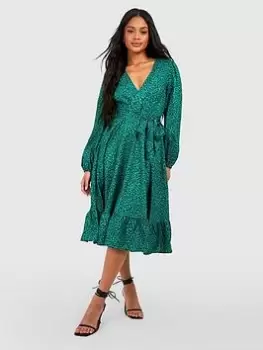 Boohoo Animal Ruffle Wrap Midi Dress - Emerald, Green, Size 8, Women