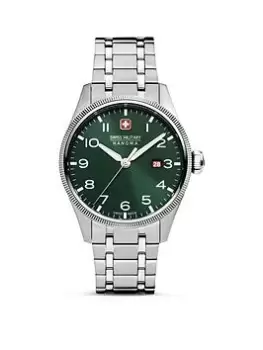 Swiss Military Silver Stainless Steel Bracelet Watch with Olive Dial, Silver, Men