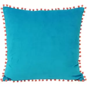 Riva Home Velvet Pompom Cushion Cover (45x45cm) (Teal/Coral) - Teal/Coral