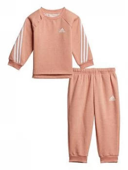 Adidas Infant Unisex 3 Stripe Crew & Jog Pant Set, Pink/White, Size 6-9 Months