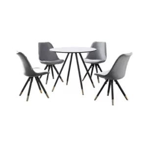 5 Pieces Life Interiors Sofia Dorchester Dining Set - a White Round Dining Table and Set of 4 Light Grey Dining Chairs - Light Grey