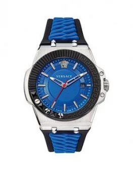 Versace Chain Reaction Blue Date Dial Blue And Black Silicone Strap Mens Watch