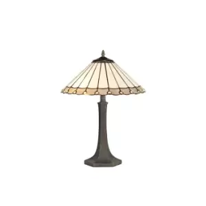 2 Light Octagonal Table Lamp E27 With 40cm Tiffany Shade, Grey, Crystal, Aged Antique Brass