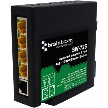 SW-725 Hardened Industrial 5 Port PoE+ 10/100 Ethernet Switch - Brainboxes