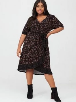Oasis Curve Toffee Spot Ruffle Wrap Dress - Multi/Black, Multi Black, Size XL, Women