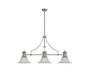 3 Light Telescopic Ceiling Pendant E27 With 30cm Bell Glass Shade, Polished Nickel, Clear