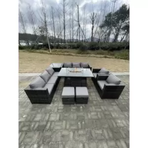 Fimous - 10 Seater Outdoor Lounge Rattan Sofa Set Garden Furniture Gas Firepit Set Dining Table With Chair Coffee Table Stools Dark Grey Mixed