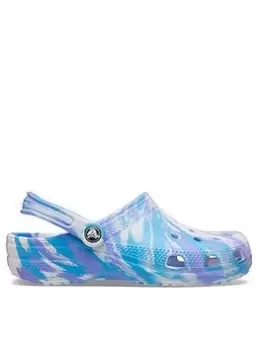Crocs Classic Clog Marble Flat Shoes, White/Blue, Size 7, Women