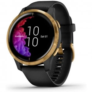 Garmin Venu GPS Smartwatch with Wrist-based Heart Rate - Gold Stainless Steel Bezel with Black Case and Silicone Band (010-02173-32) (Support EU langu