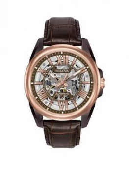 Bulova Classic Rose Gold And Grey Skeleton Dial Brown Leather Strap Mens Watch, One Colour, Men