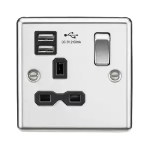 Knightsbridge - 13A 1G Switched Socket Dual usb Charger Slots with Black Insert - Rounded Edge Polished Chrome