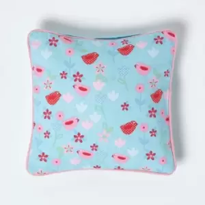Cotton Birds and Flower Cushion Cover, 30 x 30cm - Blue - Homescapes