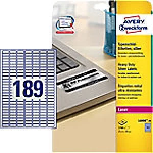 AVERY Heavy Duty Labels L6008-20 Silver Self Adhesive A4 25.4 x 10 mm 20 Sheets of 189 Labels