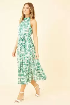 Green Leaf Print Halter Neck Midi Dress