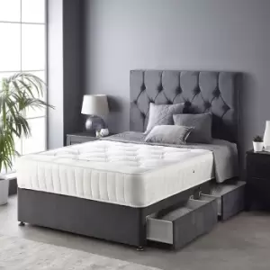 Catherine Lansfield Boutique Divan Set with Free Ortho Pocket Mattress - Plush Velvet - Strutted Headboard - 4 Drawers - Steel - Divan Size Small