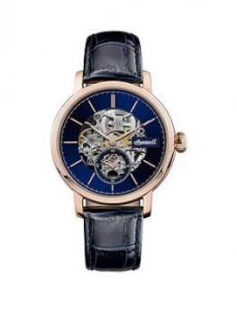 Ingersoll Ingersoll 1892 The Smith Blue and Rose Gold Detail Skeleton Automatic Dial Blue Leather Strap Mens Watch, One Colour, Men
