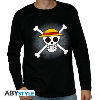 One Piece - Skull With Map Mens Medium Long Sleeve T-Shirt - Black