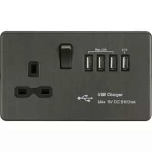 Screwless 13A Switched Socket with Quad USB charger (5.1A) - Smoked Bronze 230V IP20