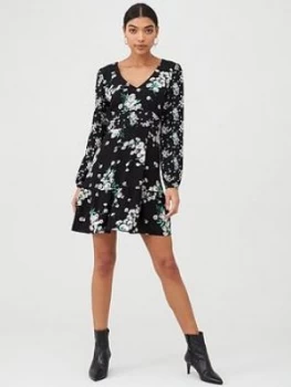 Oasis Dandelion Patched V-Neck Skater Dress - Black, Multi Black, Size 12, Women