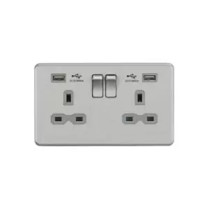 Knightsbridge - 13A 2G Switched Socket with Dual usb Charger (2.4A) - Brushed Chrome with Grey Insert