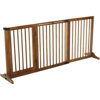 Adjustable Wooden Pet Gate Freestanding Dog Barrier Fence Doorway 3 Panels Safety Gate w/ Lockable Door Brown 71H x 113-166W cm - Pawhut