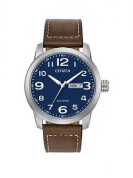 Citizen Blue Daydate Dial Brown Leather Strap Mens Watch