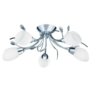 Gardenia 5 Light Multi Arm Ceiling Semi Flush Light Chrome, Crystal and Opal Glass, E14