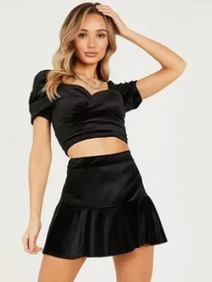 Quiz Velvet Frill Mini Skirt, Black, Size 6, Women