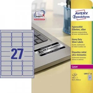 Avery-Zweckform L6011-20 Labels 63.5 x 29.6mm Polyester film Silver 540 pc(s) Permanent Nameplates Laser, Copier