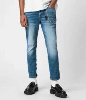 AllSaints Mens Dean Damaged Cropped Slim Jeans, Light Indigo, Size: 32