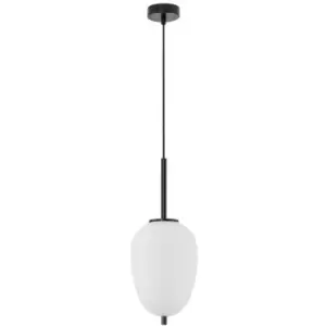 Kenora 15.8cm Globe Pendant Ceiling Light Black Metal, Opal Glass LED E14 - Merano