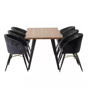 7 Pieces Life Interiors Vittorio Rocco Dining Set - a Walnut Rectangular Dining Table and Set of 6 Black Dining Chairs - Black
