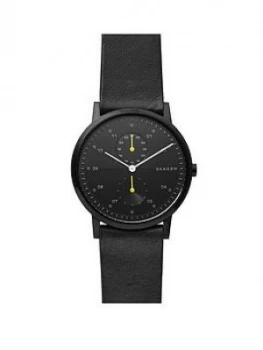 Skagen Black and Yellow Detail Dial Black Leather Strap Mens Watch, One Colour, Men