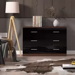 Fwstyle - Black Gloss on Walnut Bedroom Furniture 6 Drawer Chest of Drawers. Metal handles - Black