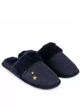 TOTES Sparkle Velour Mule Slippers - Navy, Size 5-6, Women