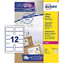 AVERY Address Labels L7164-100 UltraGrip White Self Adhesive A4 63.5 x 72mm 100 Sheets of 12 Labels