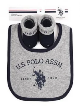U.S. Polo Assn. Baby Boy Bib And Booties Set - Grey Marl/Navy