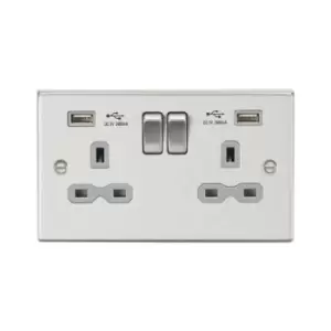Knightsbridge - 13A 2G Switched Socket Dual usb Charger (2.4A) with Grey Insert - Square Edge Brushed Chrome