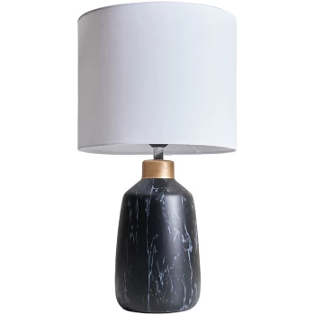 Black Marble Effect Table Lamp With Fabric Drum Lampshade - White