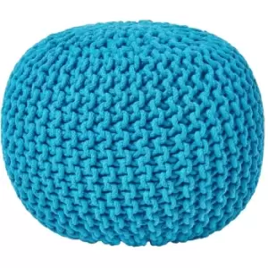 Teal Blue Round Cotton Knitted Pouffe Footstool - Teal Blue - Homescapes