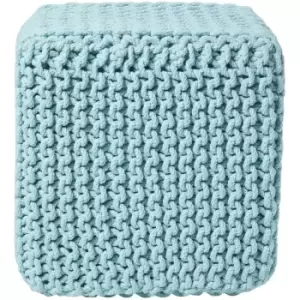 Duck Egg Blue Cube Cotton Knitted Pouffe Footstool - Duck Egg Blue - Homescapes