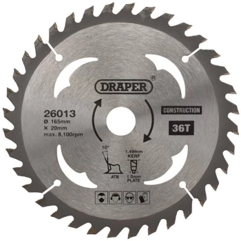 26013 TCT Cordless Construction Circular Saw Blade for Wood & Composites 165 x 20mm 36T - Draper