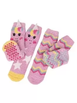 TOTES Kids 2 Pack Super Soft Slipper- Sox Unicorn - Pink, Size 7-10 Years