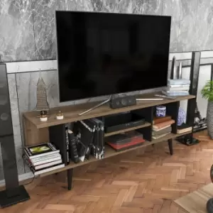 Decorotika - Akya tv Unit ,tv Stand With Open Shelves ,tv Lowboard With Solid Wood Legs, Up To 71 TV'S-Walnut Pattern And Black